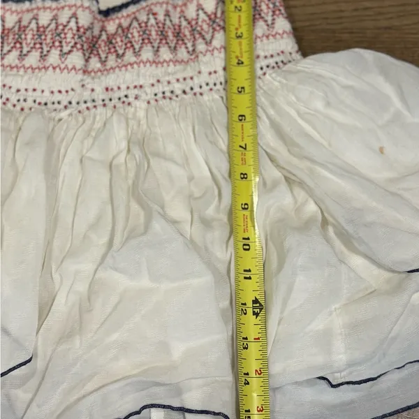 Free People Red Off White Blue Gauze Beaded Embroidered Smocked Mini Skirt: L - Image 7