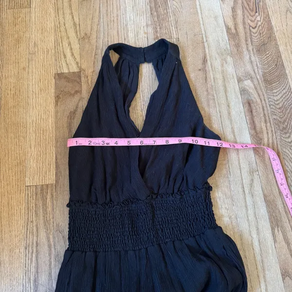 Anthropologie‎ Black Crinkle Wide Leg Jumpsuit Smocked Waist Halter XS - Image 5