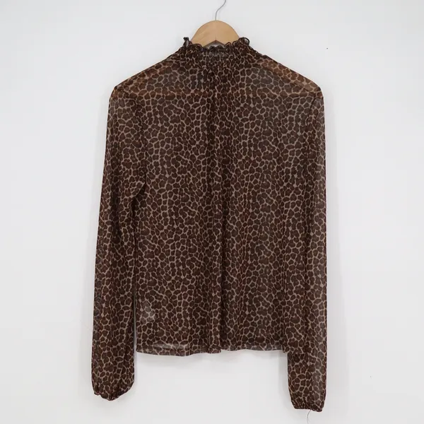 Wild Fable Brown Leopard Print Sheer Mesh Smocked Mock Neck Blouse Large L - Image 4