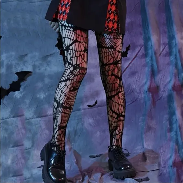 Black‎ Bat Patterned Fishnet Tights, High Waist Footed Pantyhose One Size - Image 4