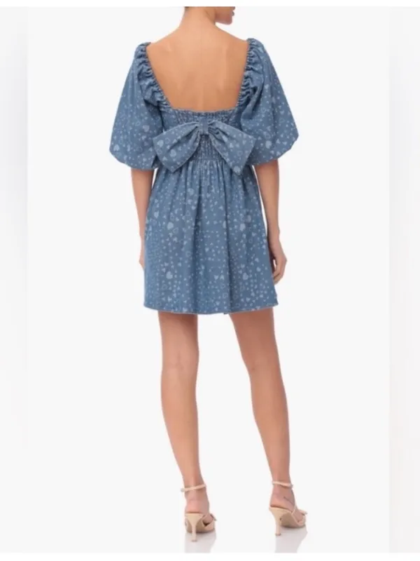 NWT Avec Les Filles Swirling Hearts denim puff sleeve babydoll minidress bow S - Image 7