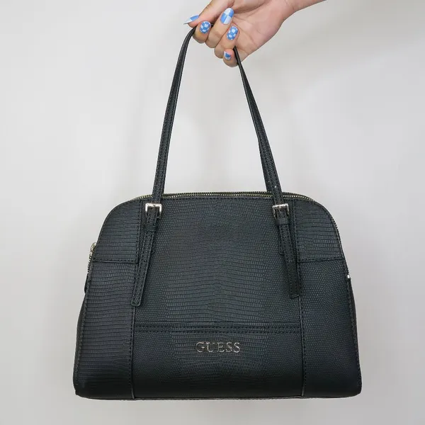 Guess Huntley Medium Cali Satchel In Black Faux Leather Alligator - Image 2