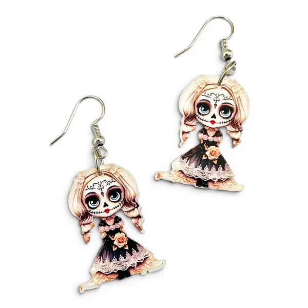 Boutique Day of the Dead Sugar Skull Doll Dangle Earrings - Image 3