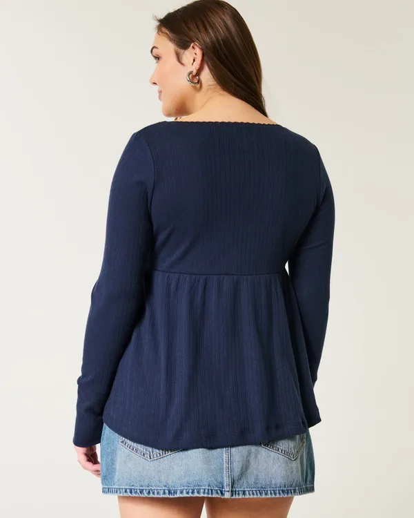 Easy Long-Sleeve Pointelle Babydoll Top - Image 2