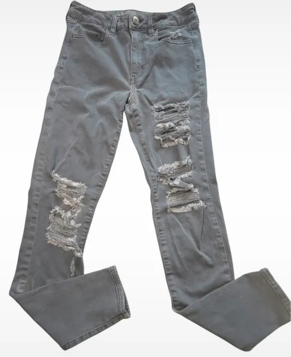 American Eagle Grey Distressed Skinny Jeans Super Stretch X Size 6 Regular - Image 2
