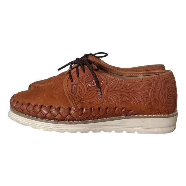 Handmade Mexican Floral Tooled Leather Huarache Oxfords Tan Sz 6 Comfort Travel - Image 2