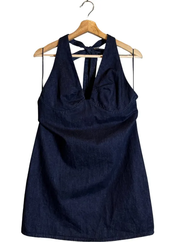Free People Trevi Denim Mini Dress Women's Large Rinse Halter Backless Festival - Image 5