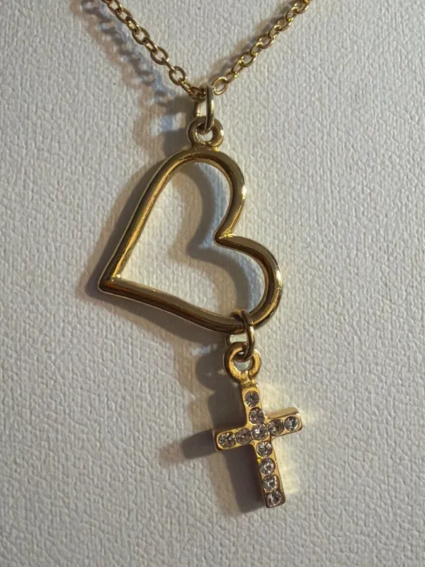 Gold Tone Heart Cross Pendant Necklace Clear Rhinestones Dangle Dainty 18" NWOT - Image 2
