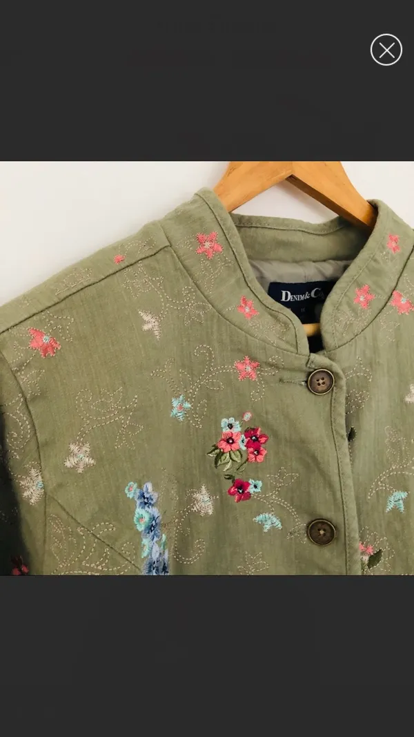 Denim & Co Vintage Floral Olive Jacket Button Up Flowers Butterflies Green Pockets - Image 7