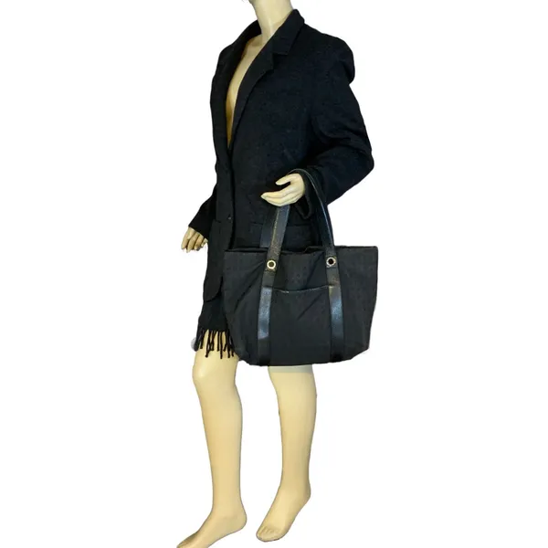 Bvlgari "Logo Mania" Black Signature Print Canvas Tote Bag With Leather Trim - Image 7