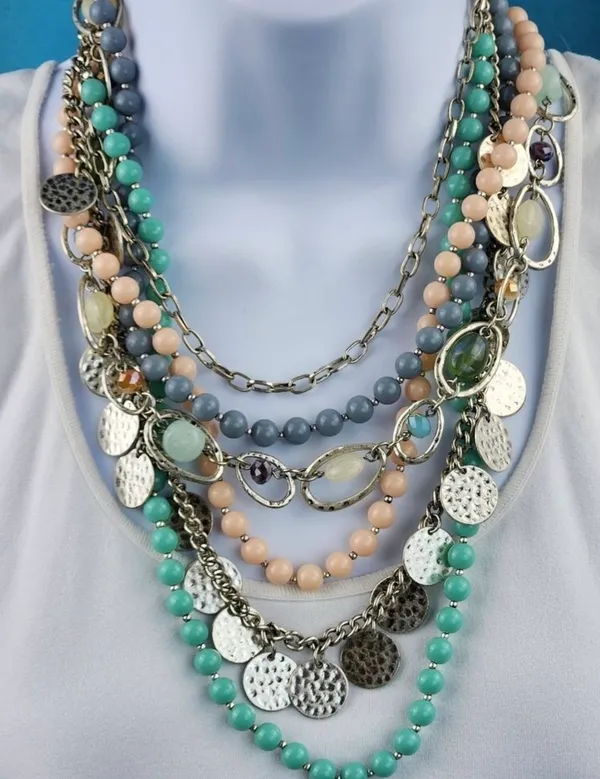 Premier Designs Multicolor Layered Beaded Charm Statement Necklace Silver Tone  - Image 2