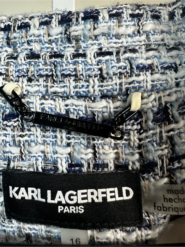 S59. Karl Lagerfeld Women's Blue-White Tweed Blazer Jacket - Image 3