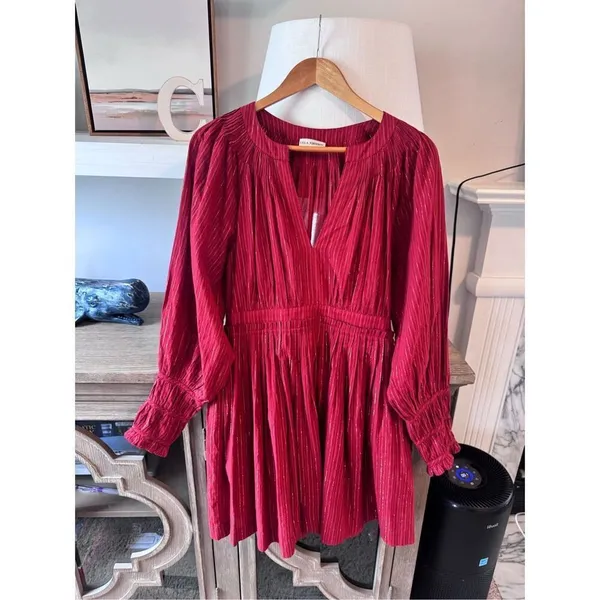 Ulla Johnson Rory Metallic Cotton Long Sleeve Mini‎ Dress Ruby Red Size 4 - Image 3
