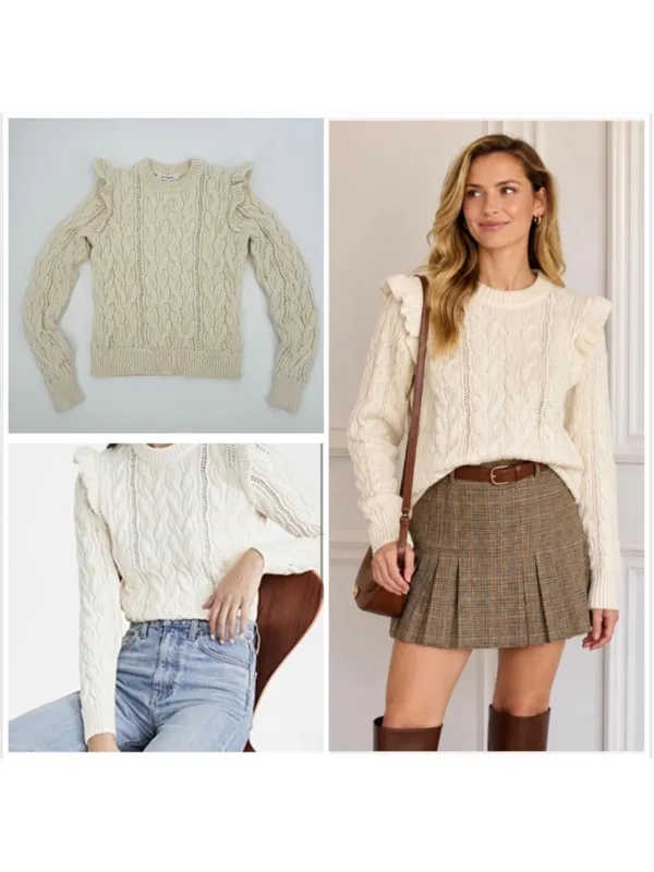Frame Sofia Cable Knit Ruffle Sweater Beige XS - Image 2