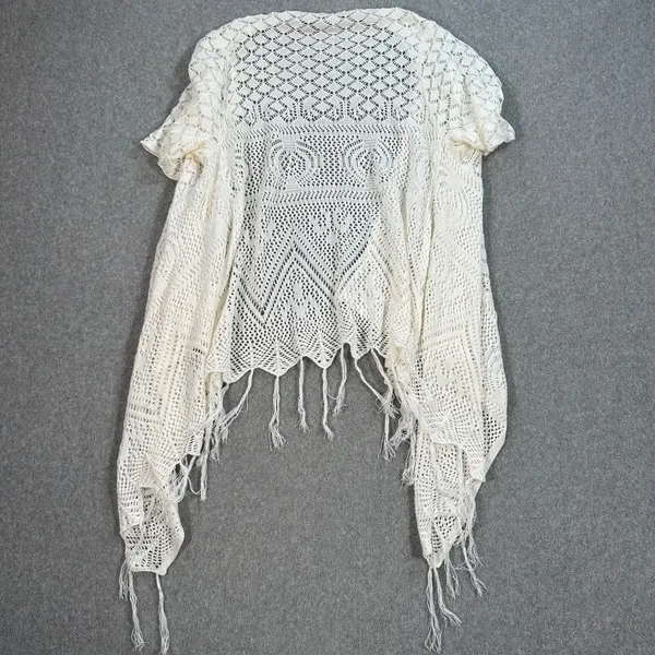 Energe World Wear Crochet Cardigan Duster White Women's Medium Tassel Trim Boho - Image 7