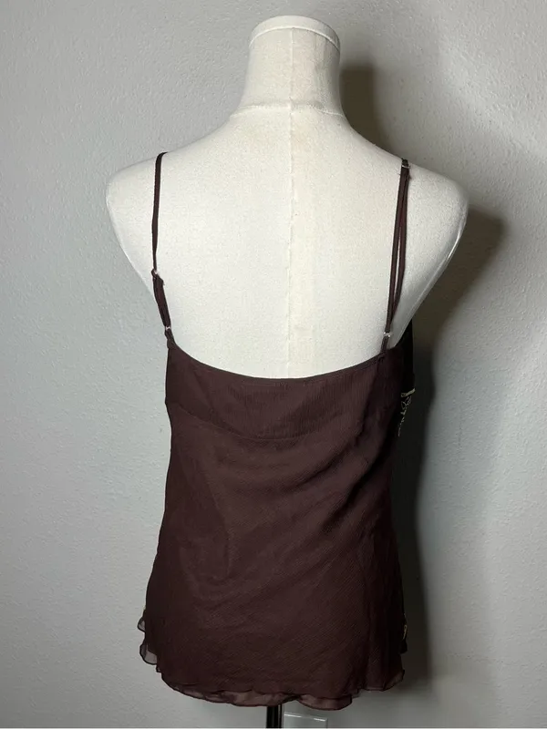 NEW Vintage Chocolate Brown 100% Silk Gold Embroidered Babydoll Top Deadstock - Image 2