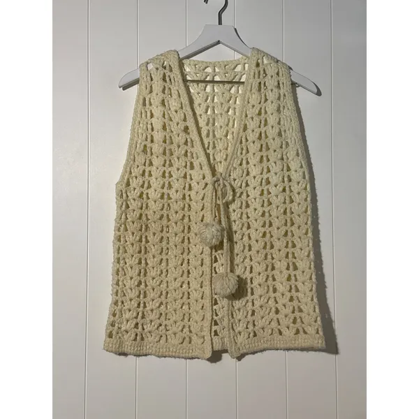 Crochet Sweater Vest Women's Large Ivory Open Knit Pom Pom Tie Sleeveless - Image 2