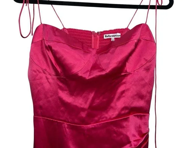 NEW NWT Reformation Marguerite 100% Silk Midi Dress In Flambe Bright Pink - Image 5