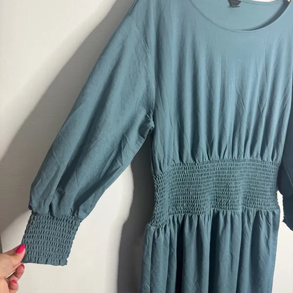 NWOT Ann Taylor Smocked Waist Flare Midi Dress Large Teal Casual Minimalist Work - Image 5