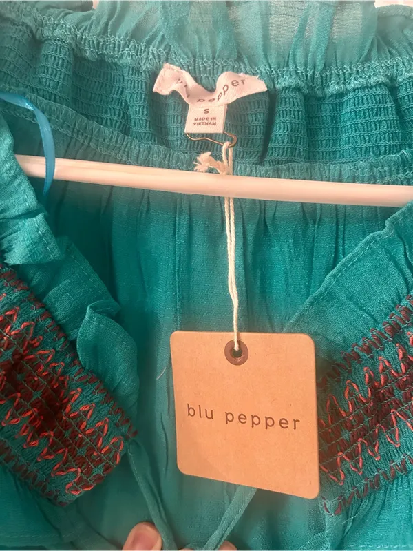Blu Pepper Teal Ruffle Yoke Tie-Neck Women's Top - Image 6