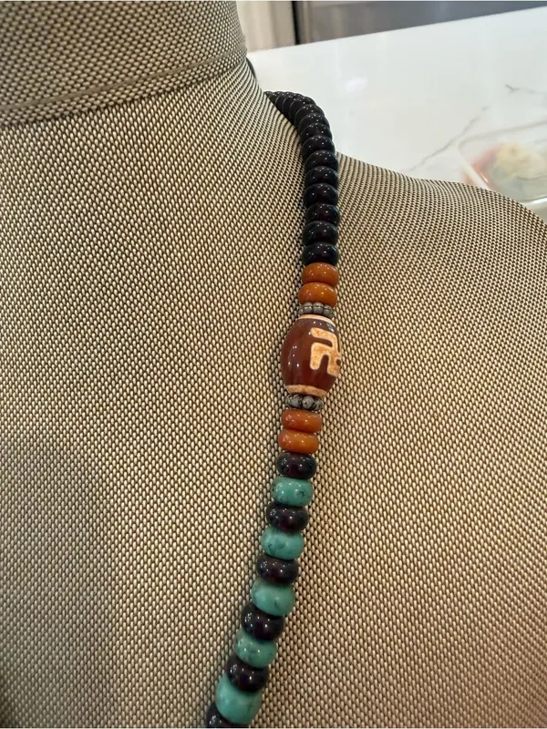 Handmade Unique Handcrafted Turquoise and Brown Beaded Buddhism Pendant Necklace - Image 3