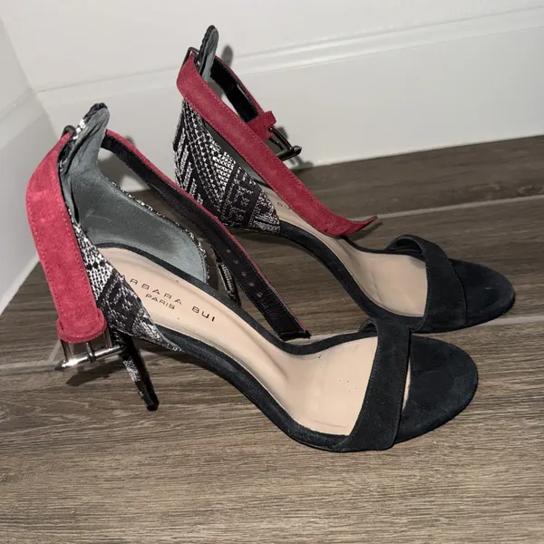 Barbara Bui black‎ suede heels Black White patterned Back Red ankle strap 38.5 Size 8.5 - Image 2