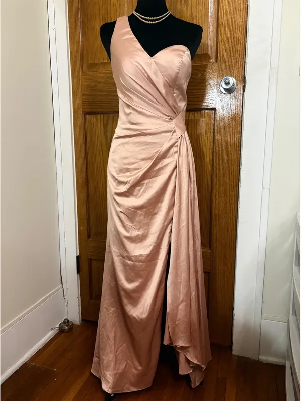 Hebeos Size 4 Blush One Shoulder Satin Formal Gown Maxi Dress Side Slit - Image 2