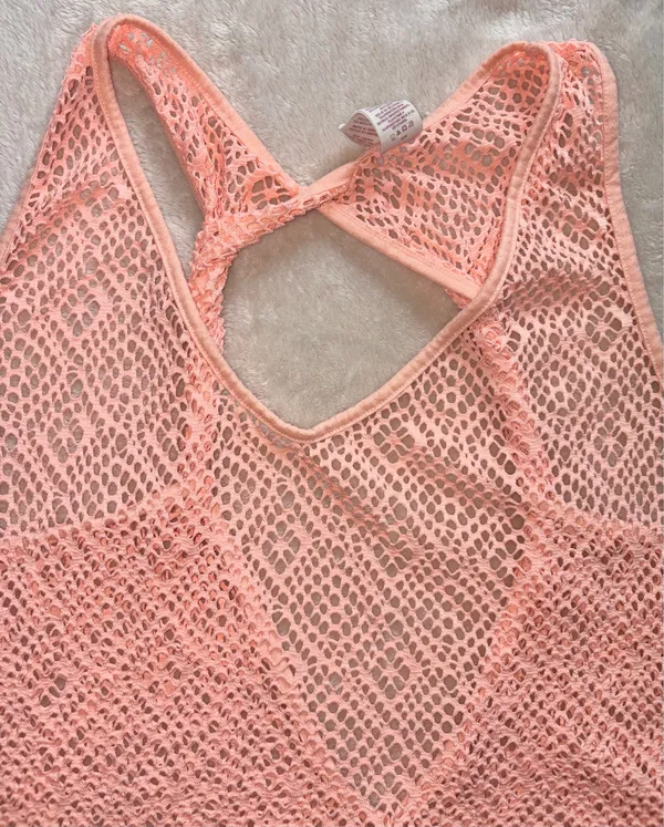 Womens Peach Bathing Suit Cover - Mesh Design Twist Keyhole Swim Cover Up - Image 4