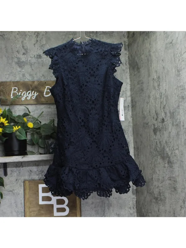 NWT Aqua Womens Mock Neck Lace Shift Mini Dress IDL9372 Navy Blue M - Image 2