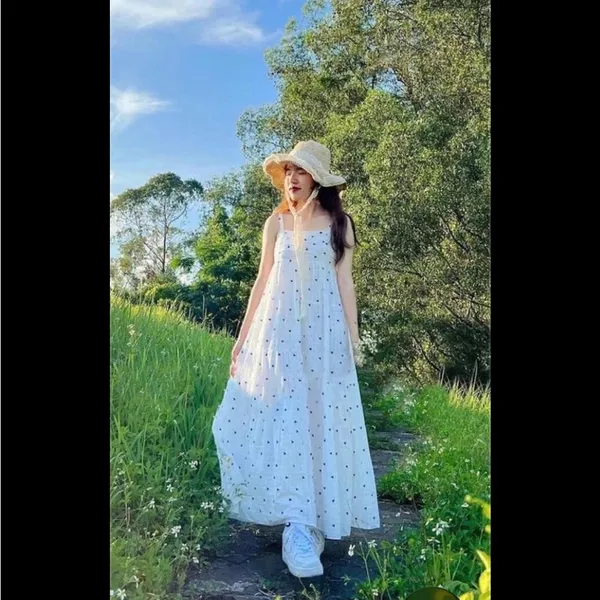 ZARA WOMAN WHITE NAVY EMBROIDERED maxi dress blog fav spring M boho cottage $98 - Image 2