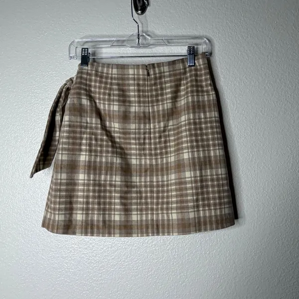 Wilfred Aritzia Plaid Wool Cashmere Blend Tie Wrap Mini Skirt Brown Tan Size 4 - Image 3