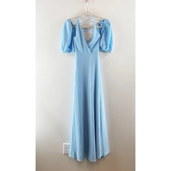 Mika & Gala by Lilywhyt Puff Sleeve Halter Neck Maxi Dress Light Blue Small - Image 3