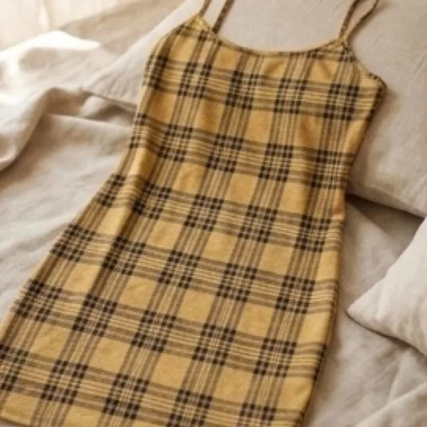 Y2K Mustard Yellow & Black Plaid Mini Slip Dress 90s Schoolgirl S/M - Image 4