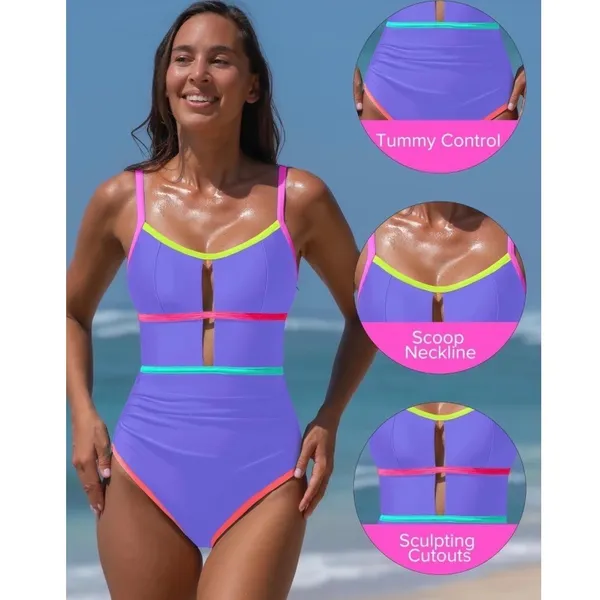 NWT Popvil Womens Purple Neon Colorblock Cutout One Piece Swimsuit Size Small‎ - Image 3