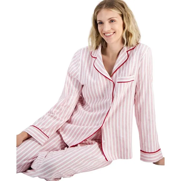 NEW Charter Club Cotton Flannel Pajama Shirt Top 100189806MS Pinstripe Red S - Image 5