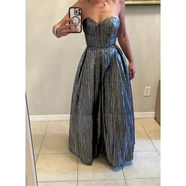 GB Women's 3 Silver Black Metallic Pleated Sweetheart Maxi Long Formal Dress - Image 5