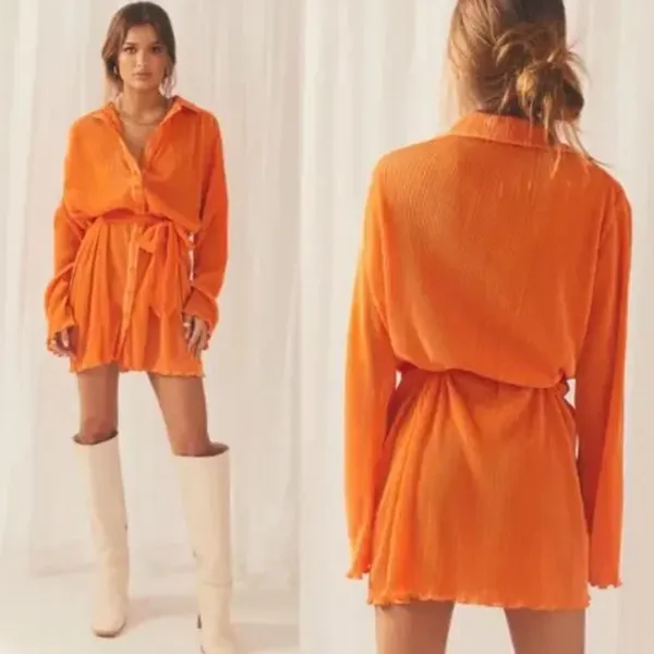 Peppermayo Soho Chic Shirt Plisse Dress, Tangerine, Size Small - Image 15