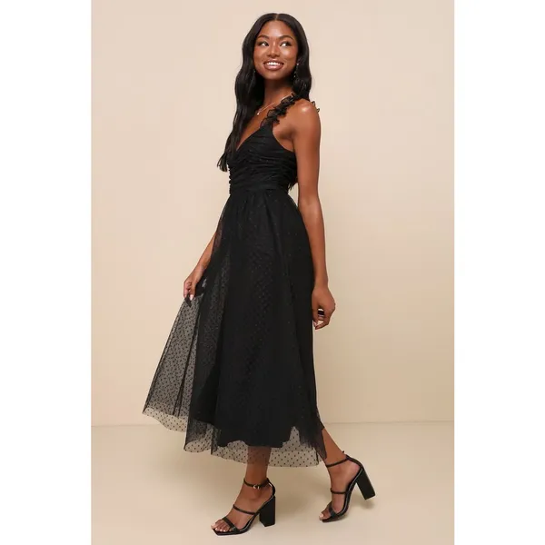 Lulus Forever Celebrated Black Swiss Dot Ruched Tulle Midi Dress Cocktail XS NWT - Image 2