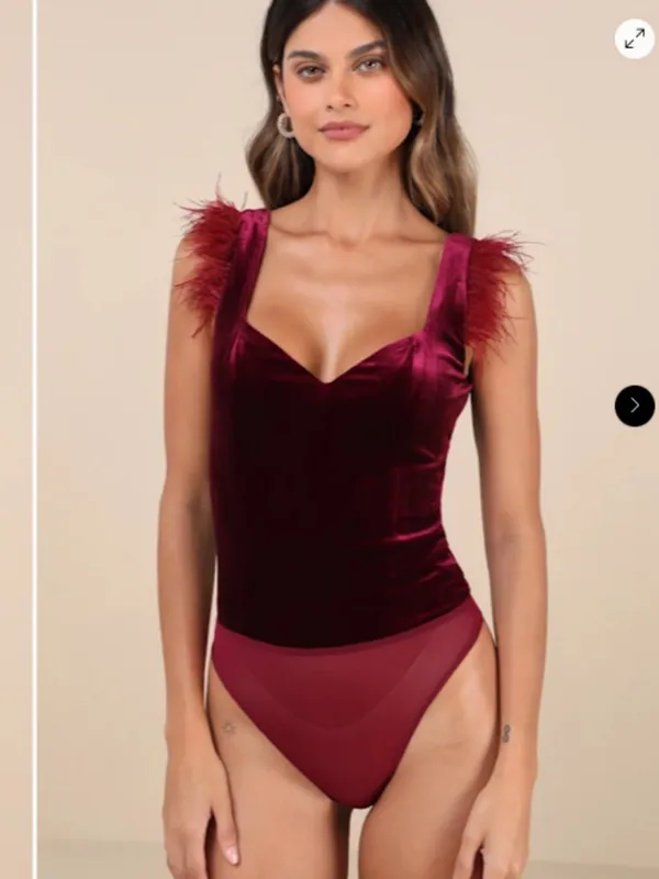 LULU's Sexy Flirty Feather Chic Holidays Red Velvet Night Out Bodysuit - Image 2