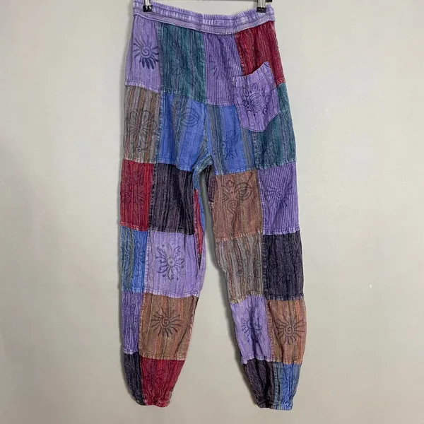 Patchwork Jogger Pants Travel Hippie Purple Red Blue Elastic Waist Cotton Nepal - Image 2
