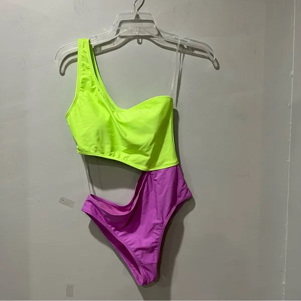 Cabana Del Sol swimsuit‎ one piece one shoulder Small Green Purple Bright NEW - Image 2