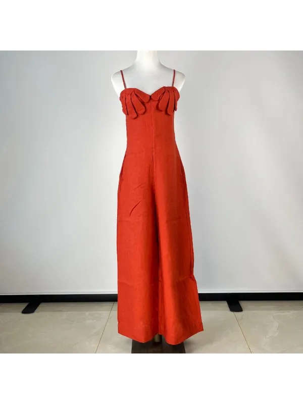 NWT Farm Rio Red 3D Petals Bodice Euroflax Premium Linen Jumpsuit Sz M Wide-Leg - Image 5