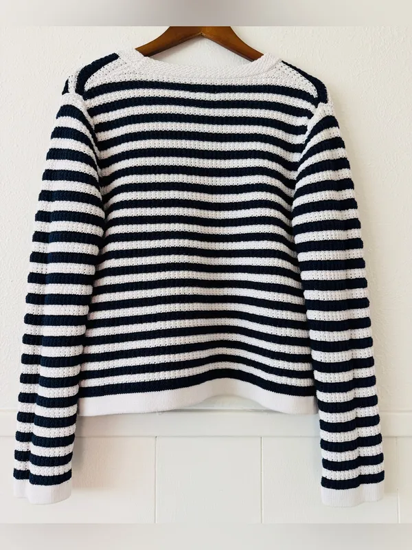 J. Crew Navy and White Striped V-Neck Button Cardigan - Image 5