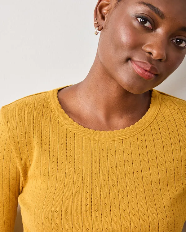 Printfresh Pointelle Long Sleeve Scalloped Collar Pajama Top Goldenrod - Image 3