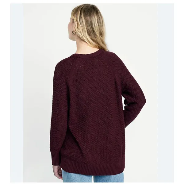 Old Navy Textured Knit Tunic Sweater Women S Burgundy Cotton Crew Cozy Relaxed - Image 2