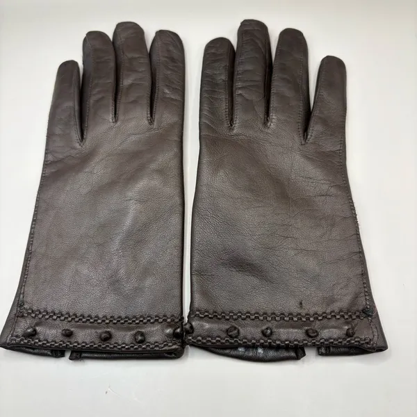 American Vintage VTG Leather Gloves Sz 7 Brown Knit Fabric‎ Lined Unbranded Braided Embellished - Image 2