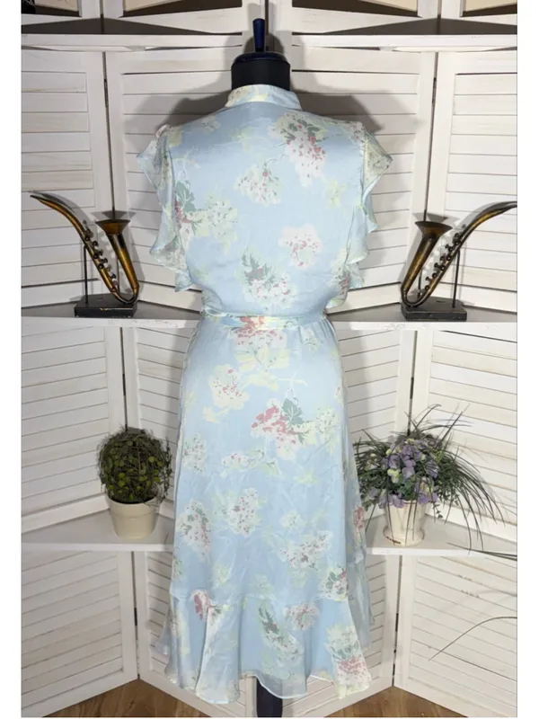 Ralph Lauren floral blue midi dress chiffon flutter sleeves cottage fairy boho 6 - Image 2