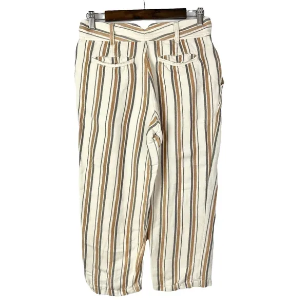 Free People Beige &‎ Orange Stripe Pleated Cropped Linen Trousers 2 - Image 2
