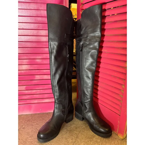 Tata Black Leather Over The Knee Boots Buckle Detail Low Block Heel Tall Boots - Image 5