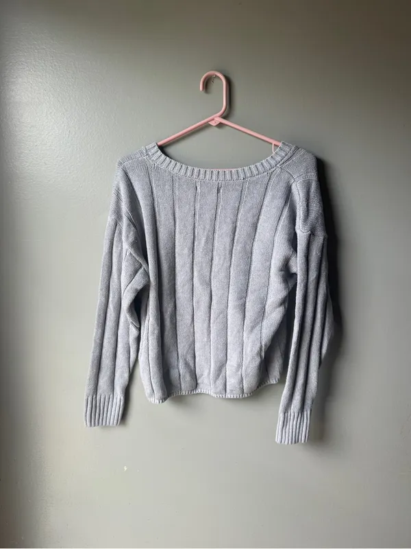 Gray‎ Ribbed V Neck Sweater Womens Y2K Cozy Casual Minimalist Preppy - Image 5